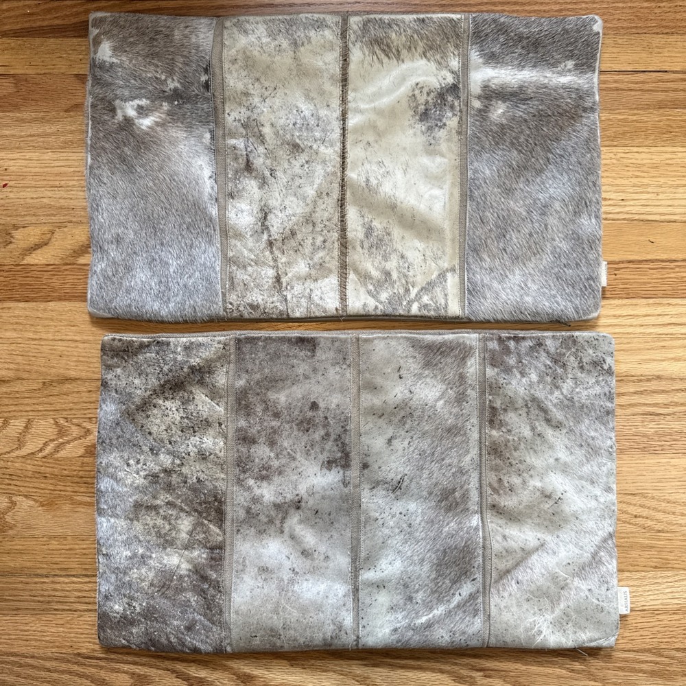 Arhaus Real Hide Leather/Linen Lumbar Pillow Covers (Set of 2) 20" x 12" Genuine